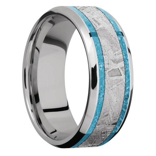8 mm wide/Beveled/Cobalt Chrome band featuring inlays of Mosaic and Meteorite.